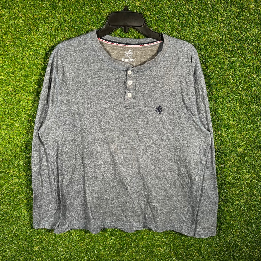 Rugby University Mens Large Gray Heathered Long Sleeve Henley Shirt Lion‎ Crest